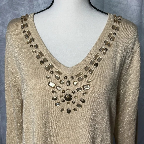 JM Collection Gold 3/4 Sleeve Beaded V-neck Sweater - size Large - Picture 9 of 10